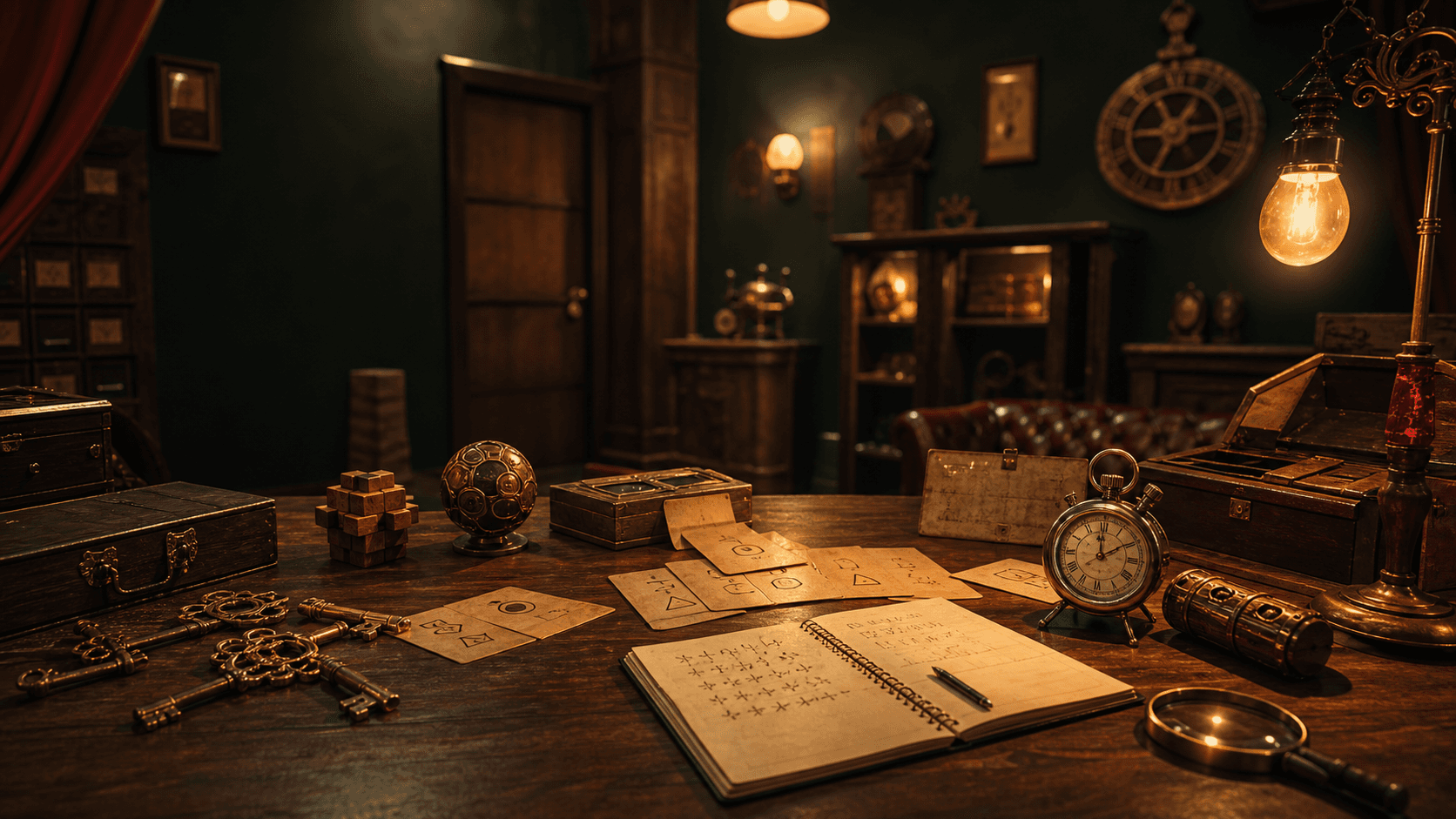 Atmosphärischer Escape-Room-Tisch mit Schlüsseln, Karten und Bewertungsnotizen