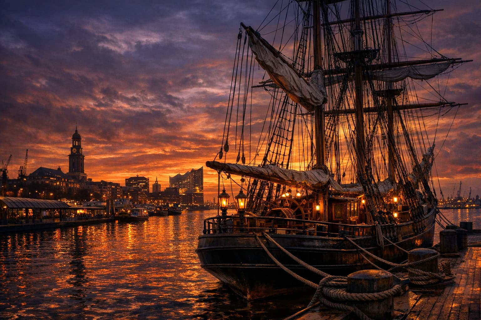 Escape Room Hamburg Schiff – historisches Segelschiff im Hamburger Hafen bei Sonnenuntergang