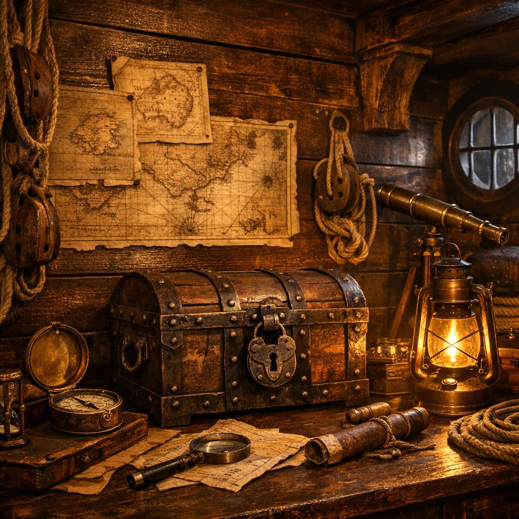 Atmosphärischer Innenraum eines Schiff-Escape-Rooms mit Seekarten, Schatzkoffer und Laternen