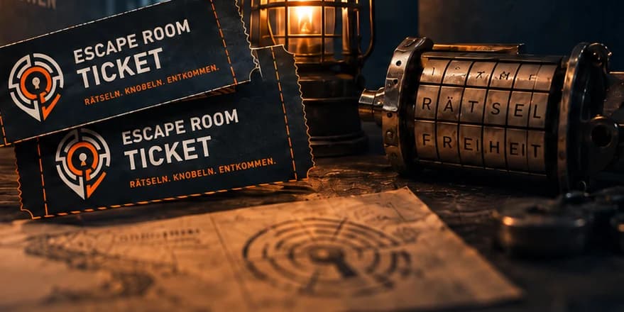 Zwei Escape-Room-Tickets neben einer Laterne und einem Zahlenschloss