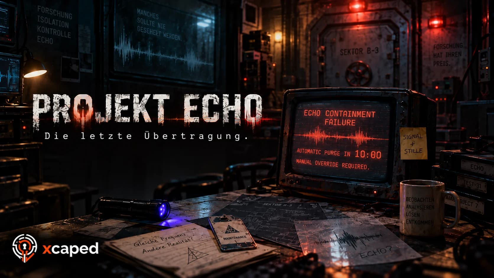 Verlassener Kontrollraum: ein Röhrenmonitor meldet ECHO CONTAINMENT FAILURE, daneben Unterlagen, eine UV-Lampe und eine Stahltür
