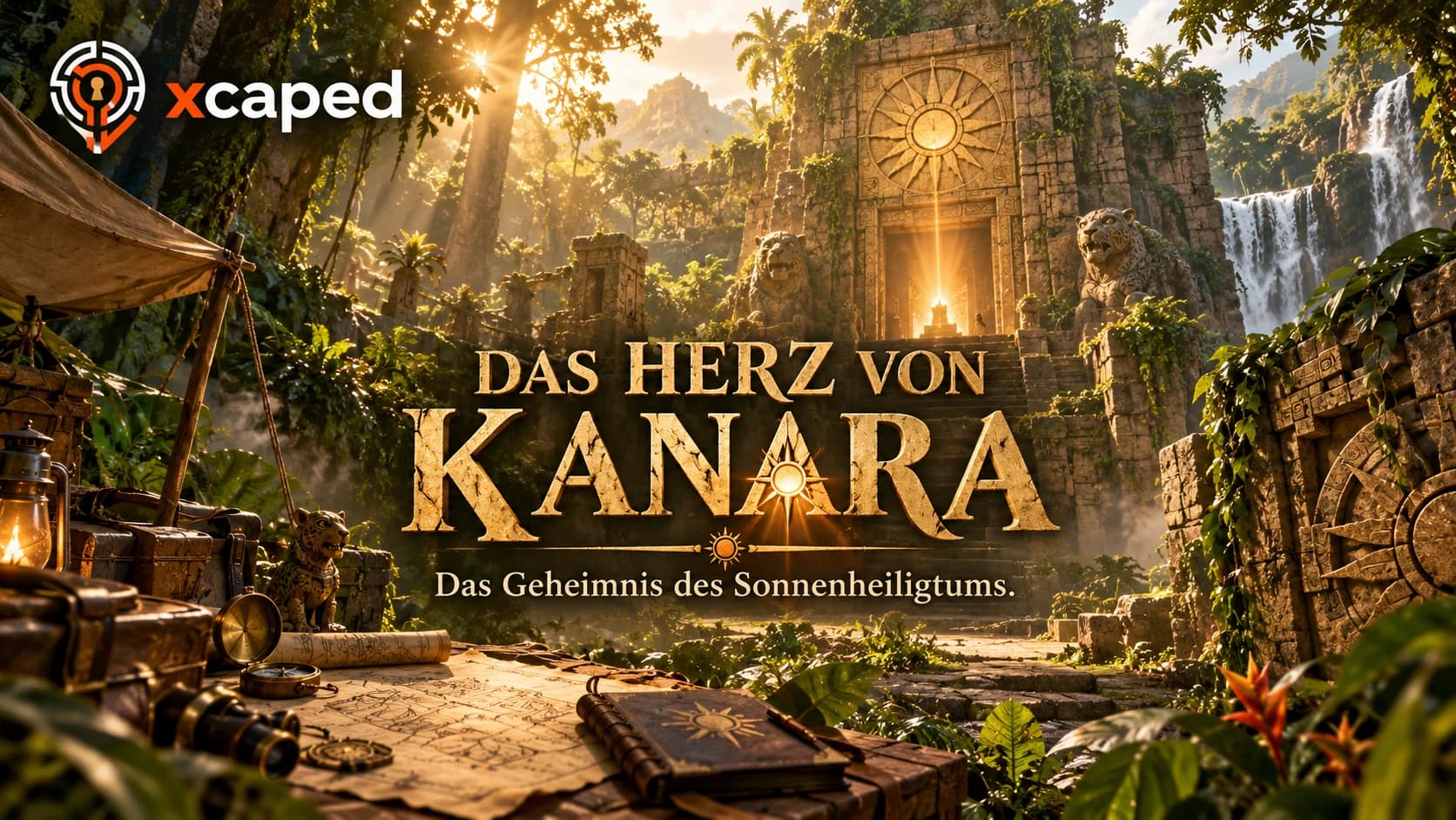 Sonnenheiligtum im Dschungel: ein Tempeltor mit goldener Sonnenscheibe, Jaguarstatuen, Wasserfälle und ein Expeditionscamp mit Karten und Kompass